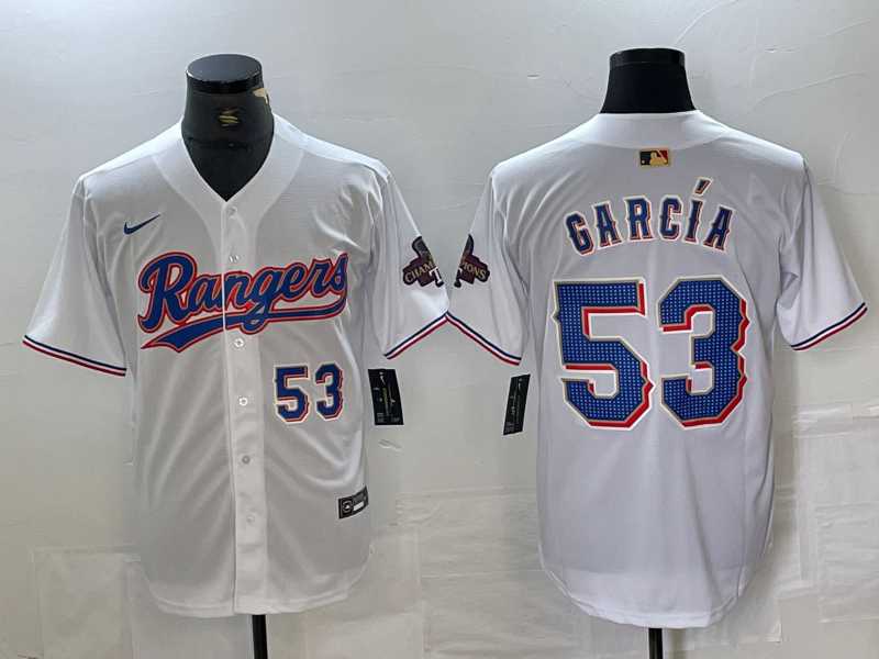Mens Texas Rangers #53 Adolis Garcia Number White 2023 World Series Champions Cool Base Jersey